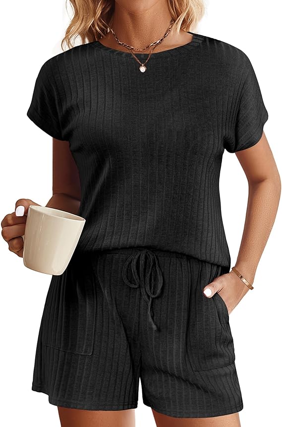 Ekouaer Pajamas Set for Women 2 Piece Pjs Ribbed Knit Lounge Set Cap Sleeve Loungewear Sleepwear