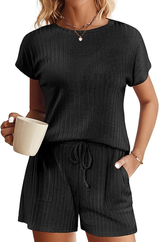 Ekouaer Pajamas Set for Women 2 Piece Pjs Ribbed Knit Lounge Set Cap Sleeve Loungewear Sleepwear