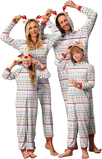 Ekouaer Christmas Onesie Matching Family Elk Antler Hooded Zipper One Piece Long Sleeve Pajamas with Pockets