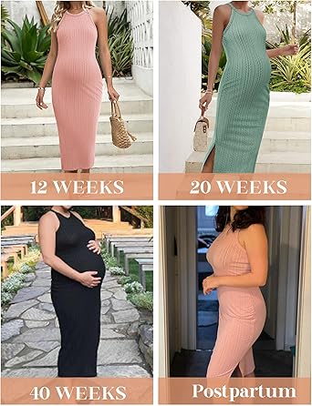 Ekouaer Maternity Dress Rib Knit Side Slit Stretchy Bodycon Pregnancy Dresses Halter Neck Sleeveless Pregnant Clothes