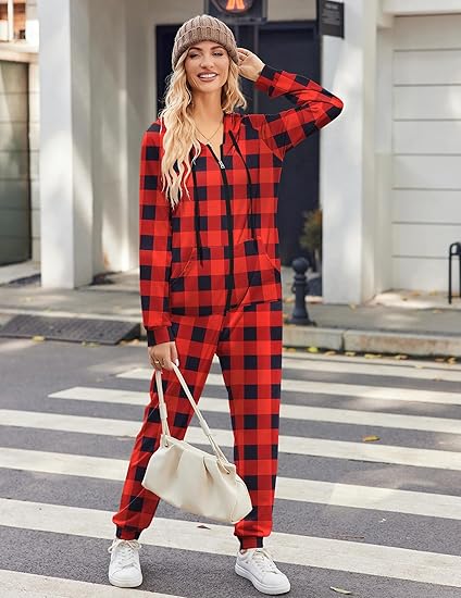 Ekouaer Christmas Onesies for Women Zipper Hooded Onesie Pajamas Adult Soft One Piece Pajama with Pockets