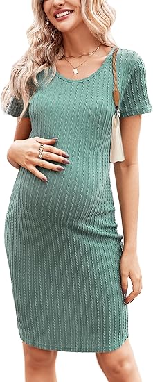 Ekouaer Maternity Dress Rib Knit Short Sleeve Bodycon Dresses Casual Stretchy Pregnancy Baby Shower Clothes