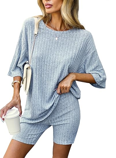 Ekouaer Pajamas 2 Piece Lounge Sets Ribbed Knit Matching Outfits T-shirt Biker Shorts Sleepwear Loungewear Sweatsuits