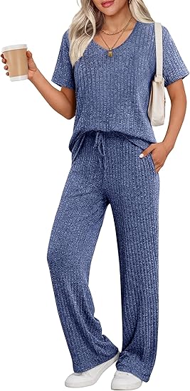 Ekouaer Pyjama Damen Herbst Schlafanzug Kurzarm Lang Hose Rippen Nachtw?sche