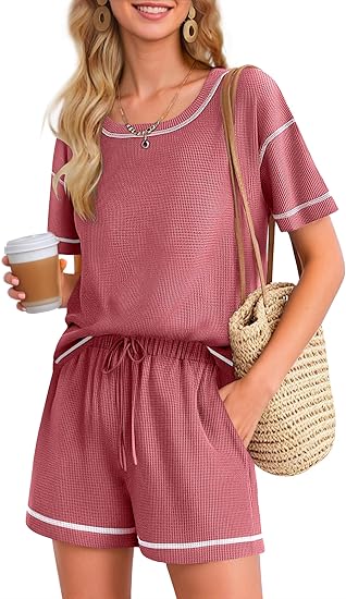 Ekouaer Women's Waffle Knit Two Piece Lounge Set, Soft Matching Outfits for Daily Wear, Casual Shorts Set with Pocket