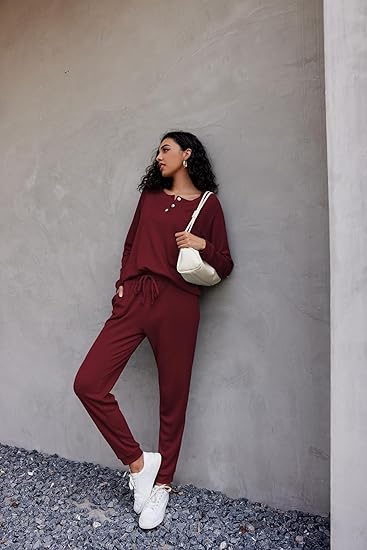 Ekouaer Pajamas Women's Waffle Knit Sleepwear Long Sleeve Top with Pants Casual Pjs Loungewear