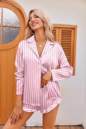 Ekouaer Womens Satin Pajama Sets Long Sleeve Top and Shorts Lounge Set Button Down Sleepwear