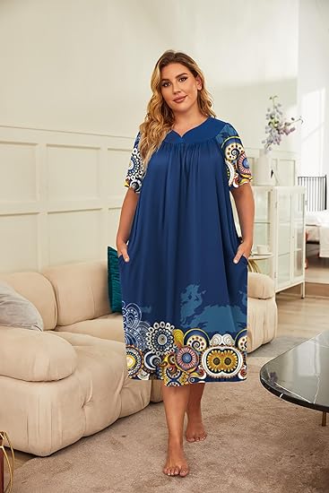 Ekouaer Women's Relaxed-Fit Mumu Dress Short Sleeve House Dress Momo Sleepdress with Pockets