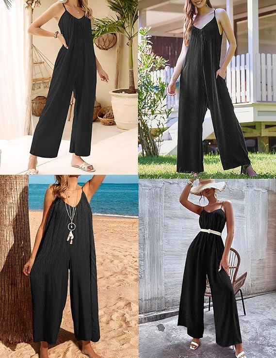 Ekouaer Sleeveless Womens Jumpsuits Ribbed Adjustable Spaghetti Strap Loose Long Pants Romper Jumpsuit