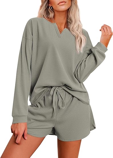 Ekouaer Pajama Set for Women Waffle Knit Lounge Sets Long Sleeve Top and Shorts Sleepwear Matching Loungewear