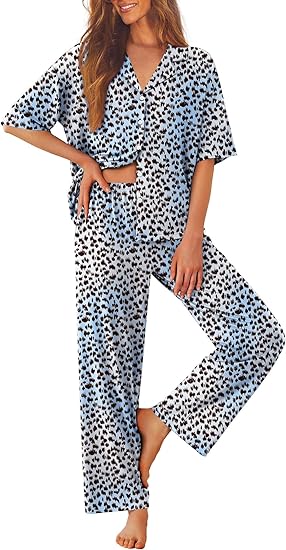 Ekouaer Women Pajamas Set Button Down Sleepwear Short Sleeve Pjs Soft Comfy Nightwear with Long Pants