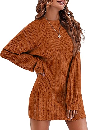 Ekouaer Women's Nightgown Long Sleeve Ribbed Knit Nightshirt Round Neck Sleep Shirt Soft Sweater Dress
