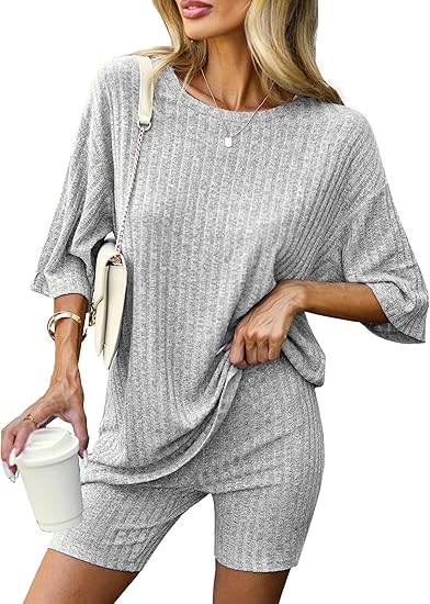 Ekouaer Pajamas 2 Piece Lounge Sets Ribbed Knit Matching Outfits T-shirt Biker Shorts Sleepwear Loungewear Sweatsuits