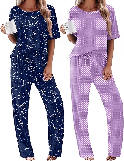 Ekouaer 2 Pack Womens Pajama Sets Short Sleeve Tops and Long Pants Casual Comfy Pjs Lounge Set with Pockets