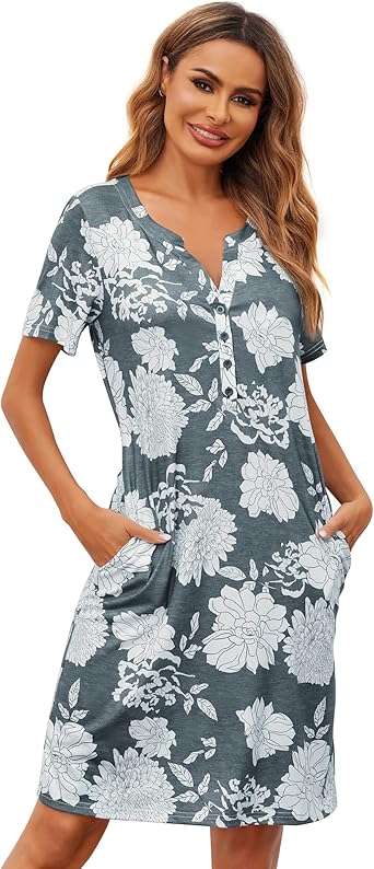 Ekouaer Nursing Nightgown Striped Women Short Sleeve Breastfeeding Sleep Dress Maternity Delivery/Labor Gown Floral Grey