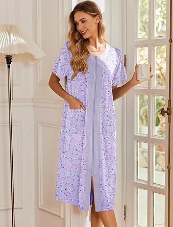 Ekouaer Robes For Women Zipper Front Bathrobe Short Sleeve House Coat Long Nightgown With Pockets Soft Loungewear