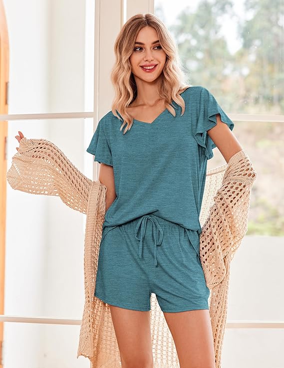 Ekouaer Women's Pajamas Set Ruffle Sleeves Sleepwear V Neck Comfy 2 Piece Pjs Loungewear Set with Pockets