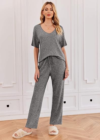 Ekouaer Pyjama Damen Herbst Schlafanzug Kurzarm Lang Hose Rippen Nachtw?sche