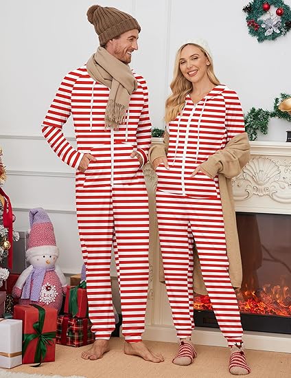 Ekouaer Christmas Onesie for Couples Zipper Hooded Adult Matching Onesie Pajamas with Pockets