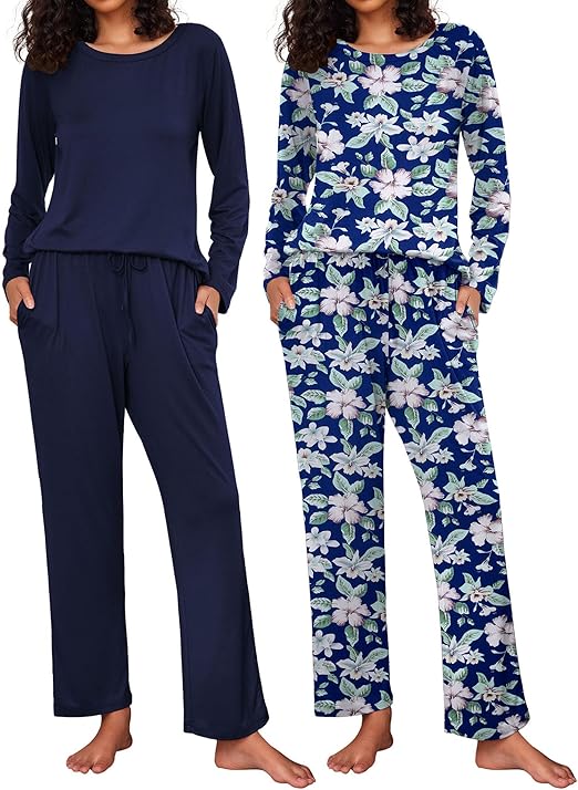 Ekouaer 2 Pack Women's Pajama Set Long Sleeve Top with Jogger Pants Lounge Sets Sleepwear Loungewear with Pockets