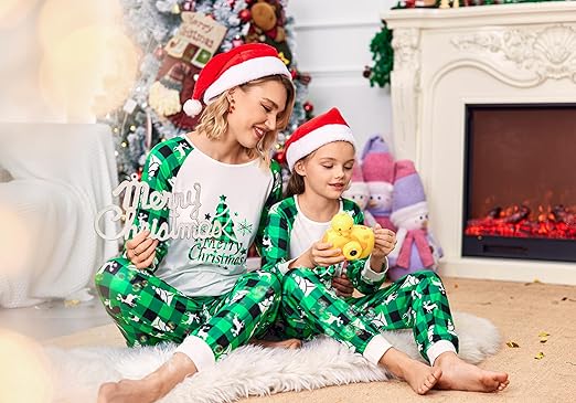 Ekouaer Christmas Pajamas for Family Long Sleeve Pjs Matching Sets with Plaid Pants Soft Sleepwear Loungewear