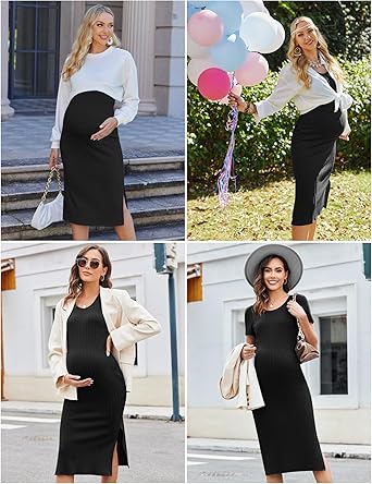 Ekouaer Maternity Dress Rib Knit Short Sleeve Bodycon Dresses Casual Stretchy Pregnancy Clothes
