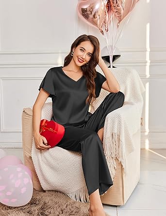 Ekouaer Women's Satin Silky Pajama Set 2 Piece Short Sleeve Shirt with Long Pants Pjs Sets Soft PJ Loungewear