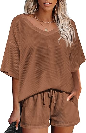 Ekouaer Womens 2 Piece Short Sleeve Waffle Knit V Neck Off Shoulder Casual Loose Fit Sweatsuit Outfits