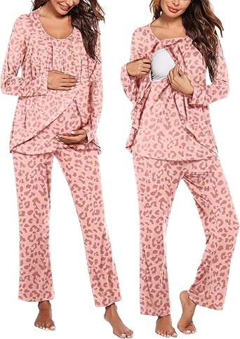 Ekouaer Maternity Nursing Pajama Set Long Sleeve Top & Pants with Pockets Breastfeeding Sleepwear Double Layer Pregnancy