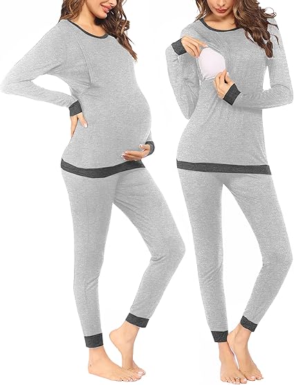 Ekouaer Nursing Pajama Set Long Sleeve Maternity Clothes Labor Pregnancy Pjs Breastfeeding Thermal Underwear Sleepwear