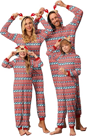 Ekouaer Christmas Onesie Matching Family Elk Antler Hooded Zipper One Piece Long Sleeve Pajamas with Pockets
