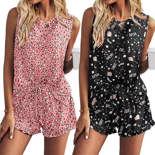 Ekouaer 2 Pack Women's Pajama Set Short Pyjamas for Women Summer Pjs Sets Sleeveless Sleepwear Loungewear