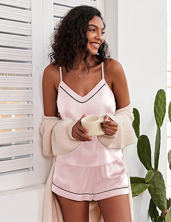 Ekouaer Pajamas for Women Set Silk Satin Pjs Sexy Lingerie Sleepwear Cami Shorts Set Summer Nightwear