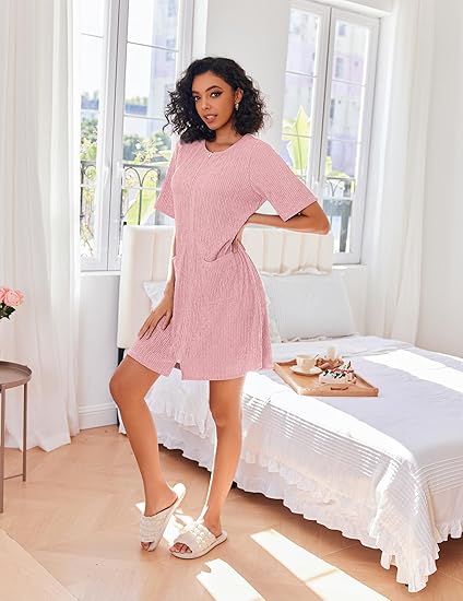 Ekouaer Women Zipper Robes Knit Short Bathrobe Lightweight House Coat with Pockets Soft Nightgown