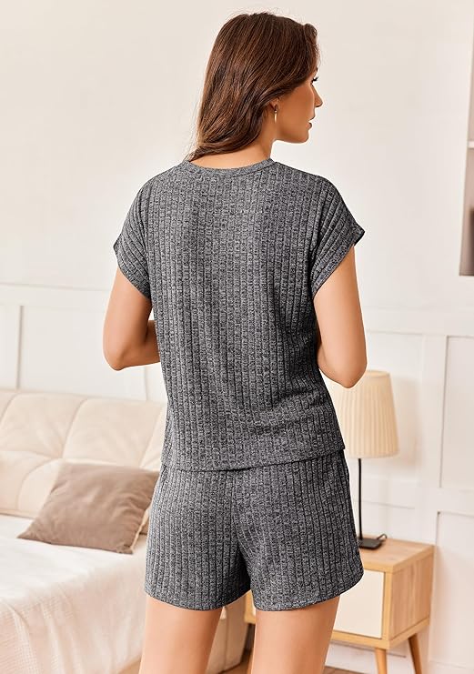 Ekouaer Pajamas Set for Women 2 Piece Pjs Ribbed Knit Lounge Set Cap Sleeve Loungewear Sleepwear