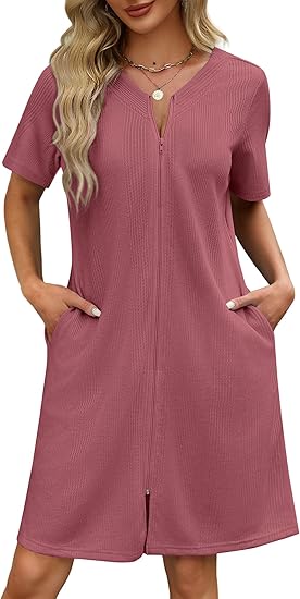 Ekouaer Women Zipper Robes Waffle Short Bathrobe Lightweight House Coat with Pockets Soft Nightgown