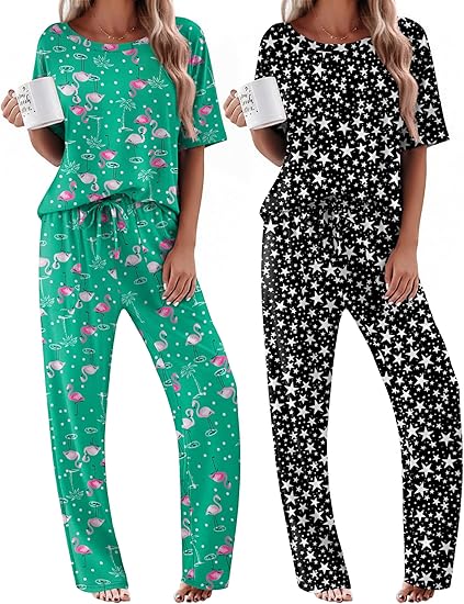 Ekouaer 2 Pack Womens Pajama Sets Short Sleeve Tops and Long Pants Casual Comfy Pjs Lounge Set with Pockets