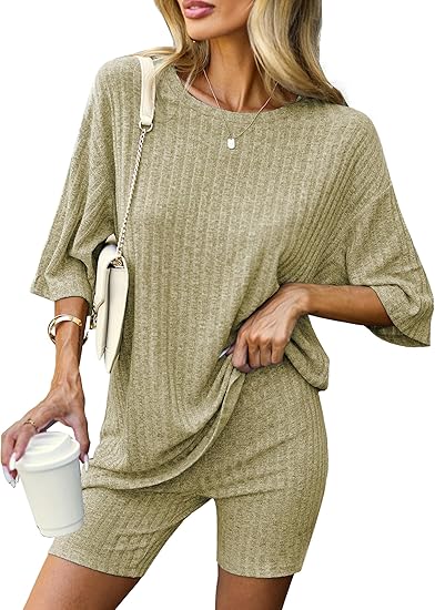 Ekouaer Pajamas 2 Piece Lounge Sets Ribbed Knit Matching Outfits T-shirt Biker Shorts Sleepwear Loungewear Sweatsuits