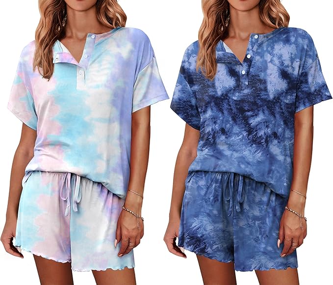 Ekouaer 2 Pack Womens Pajama Sets Short Sleeve Top with Shorts Soft Comfy Loungewear Sleepwear