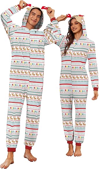 Ekouaer Christmas Onesie Matching Family Elk Antler Hooded Zipper One Piece Long Sleeve Pajamas with Pockets