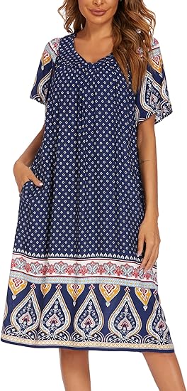 Ekouaer Womens Nightgown Short Sleeve House Dress with Pockets-Floral Print Mumu Dress