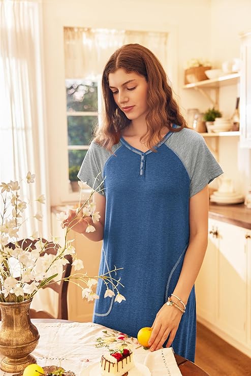 Ekouaer Long Nightgown Women's Loungewear Short Sleeve Sleepwear Full Length Sleep Shirt with Pockets