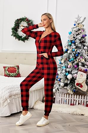 Ekouaer Christmas Onesie for Women Hooded Jumpsuit Long Sleeve Zip Up One Piece Pajamas Novelty Sleepwear