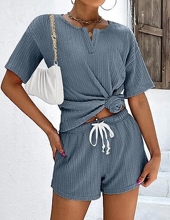 Ekouaer Ribbed Knit Lounge Sets for Women 2 Piece Outfits Short Sleeve Top and Shorts Pajama Sets Tracksuit Sweatsuits