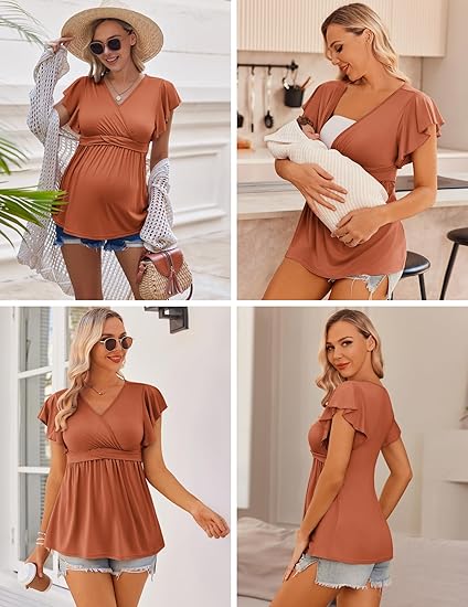 Ekouaer Maternity Shirts 3 Packs Flying Short Sleeve Nursing Tops Pregnancy Clothes Caramel+grey+wine Red L