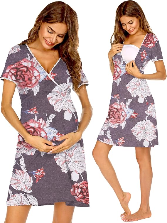 Ekouaer Nursing Nightgown Delivery and Labor Gown for Hospital Short Sleeve Maternity Breastfeeding Dress