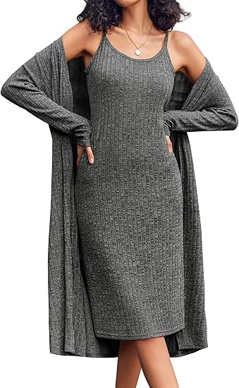 Ekouaer Womens Knit Robe Set 2 Piece Nightgown with Robes Long Sleeves Lounge Sets with Pockets