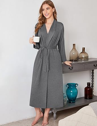 Ekouaer Robes for Women Long Sleeve Knit Bathrobe Soft Lightweight Loungewear Ladies Cotton Sleepwear Grey L