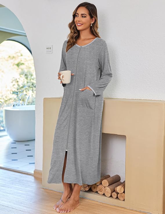 Ekouaer Women Long House Coat Zipper Front Robes Full Length Nightgowns with Pockets Striped Loungewear