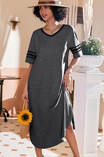 Ekouaer Long Nightgown, Womens V Neck Loungewear Oversized Sleepwear Loose Sleep Dress